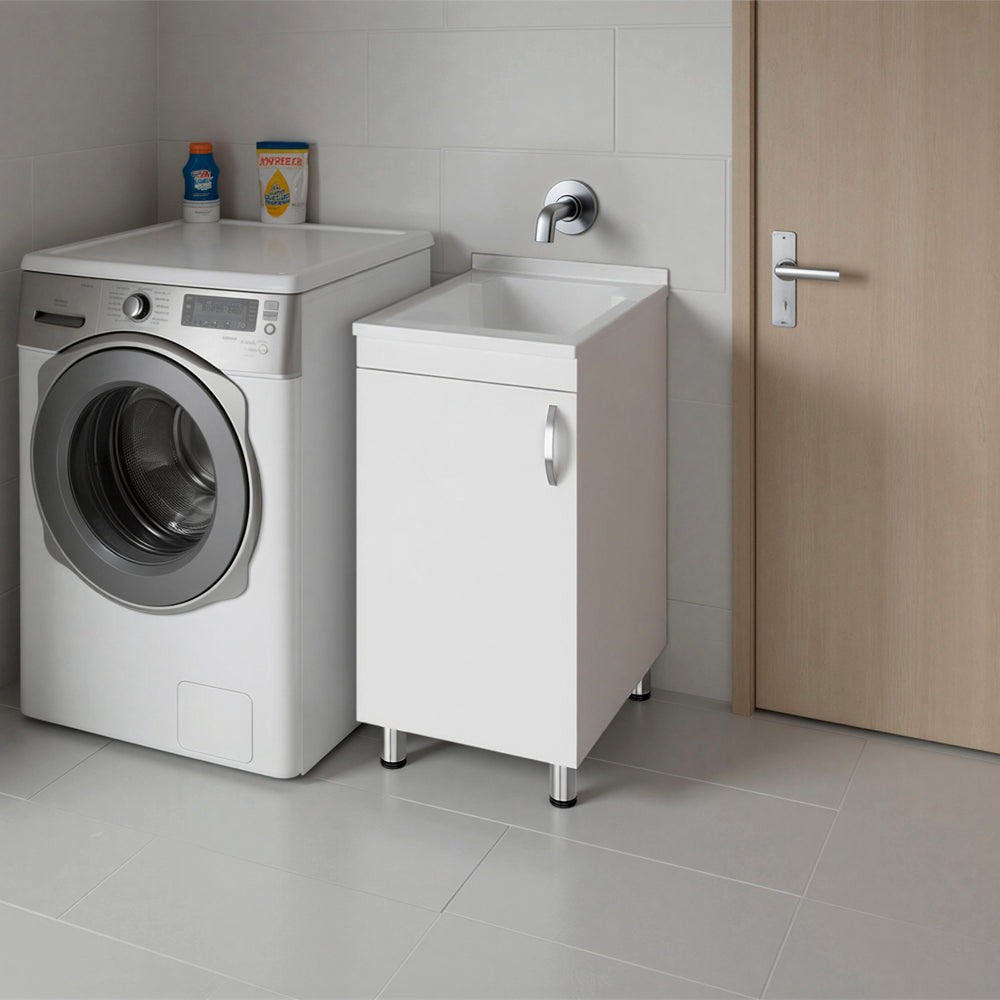 English Elm Mylo Freestanding Utility Cabinet with Open Shelf Concealed Door White Finish B097S00267