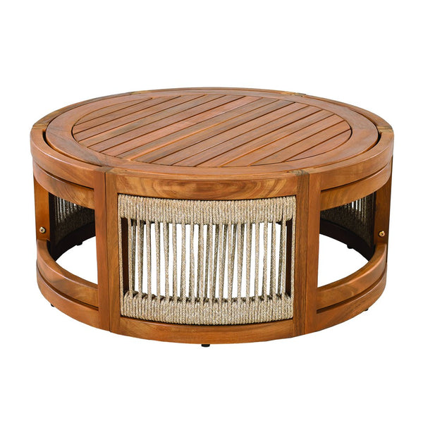 English Elm 27.95" Acacia Hardwood Outdoor Coffee Table with Handwoven Rope Base Boho Patio Accent N767P367657A