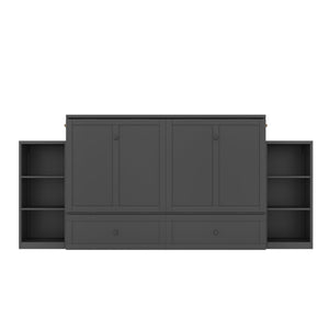 English Elm Queen Murphy Wall Bed with Open Shelves and Drawers for Guest or Office Rooms Dark Gray W5316S00009