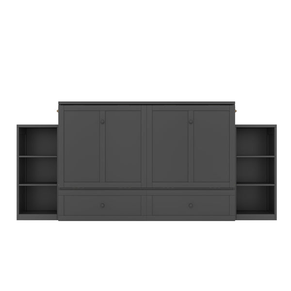 English Elm Queen Murphy Wall Bed with Open Shelves and Drawers for Guest or Office Rooms Dark Gray W5316S00009
