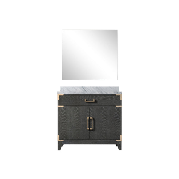 English Elm Black Oak Single Bath Vanity With Carrara Marble Top And 34-Inch Mirror – Elegant Storage Solution! B2731S02125