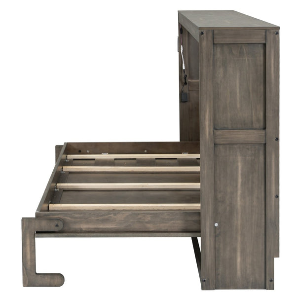 English Elm Twin Size Murphy Bed With Integrated Led Light - Space-Saving Foldable Cabinet For Stylish Living N7090004013D-GIGA