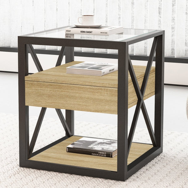English Elm Set Of 2 Modern End Tables With Drawer - Industrial Style Nightstands For Stylish Storage & Decor W241P246921-GIGA