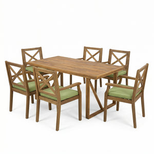 English Elm 7 Piece Solid Acacia Wood Outdoor Dining Set Six Armchairs Teak Finish Cushioned N762S000043AAF