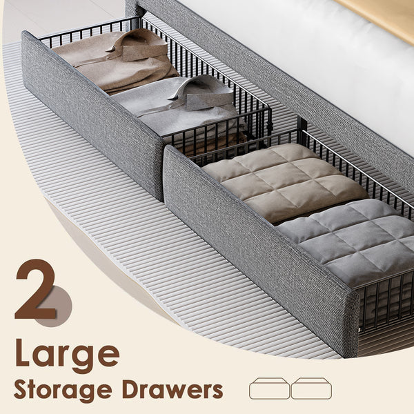 English Elm Full LED Linen Bed Frame with Headboard Storage, 2 Drawers, Fast Charging Ports & Nightlight Ambiance W1550P190364