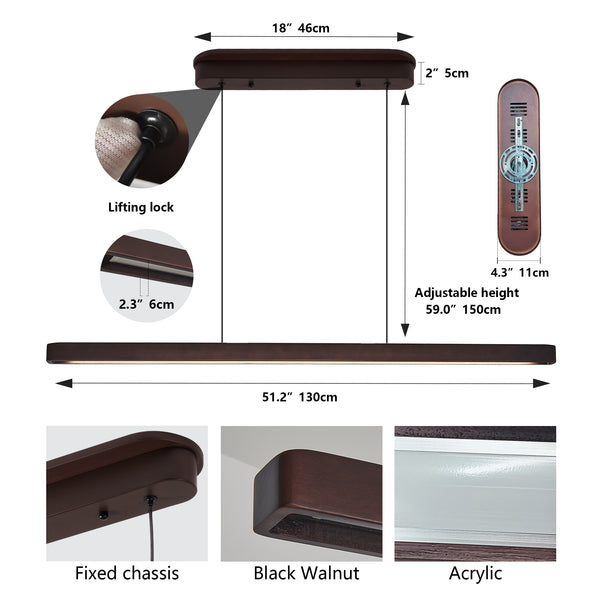 English Elm 51-Inch Walnut Wood Modern Led Pendant Light – Adjustable Fixture For Dining, Kitchen & Living Spaces W2312P375018