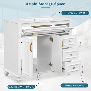English Elm 36" Modern Bathroom Vanity with Ceramic Sink, Gold Handles, Flip-Out Drawer & Soft-Close Doors White N725P283623K