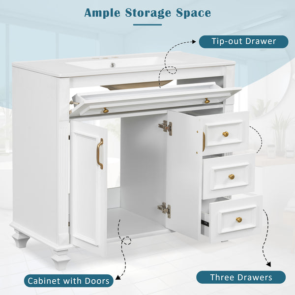 English Elm 36" Modern Bathroom Vanity with Ceramic Sink, Gold Handles, Flip-Out Drawer & Soft-Close Doors White N725P283623K