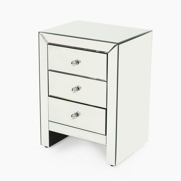 English Elm Christopher Knight Home® - 17.70'' Mirrored Nightstand - Silver Glass 3-Drawer Accent Table, Compact Glam Bedside Storage, Smooth Metal Glides 60982.00