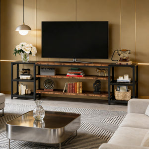 English Elm Media Console Industrial Tv Stand with Rustic Wood Tone Finish and Black Metal Frame T3971P452571