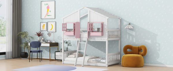 English Elm Twin House Bunk Bed with Roof, Window Box, Door, Guardrails & Ladder—Sturdy Pine Playful Design for Kids Pink+White W504S00151