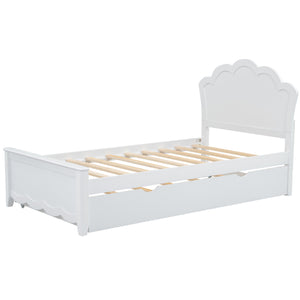 English Elm Twin Solid Wood Platform Bed with Headboard & Pull-Out Trundle, White Finish, Sturdy Pine/MDF Design GX000389AAK