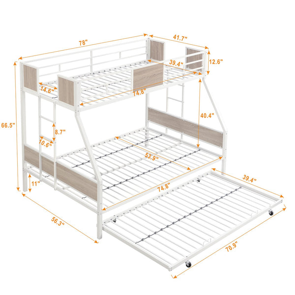 English Elm Twin Over Full Metal Bunk Bed with Trundle, Space-Saving Platform, Built-In Storage & Guardrail Brown+White 80.51 L x 13.98 W x 8.34 H W2297P216479