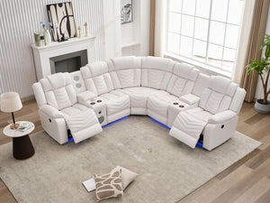 English Elm Ms Five Seat Power Reclining Sectional Faux Leather with Led Bluetooth Usb Charging White W1805S00183
