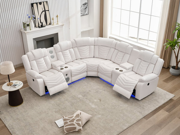 English Elm Ms Five Seat Power Reclining Sectional Faux Leather with Led Bluetooth Usb Charging White W1805S00183
