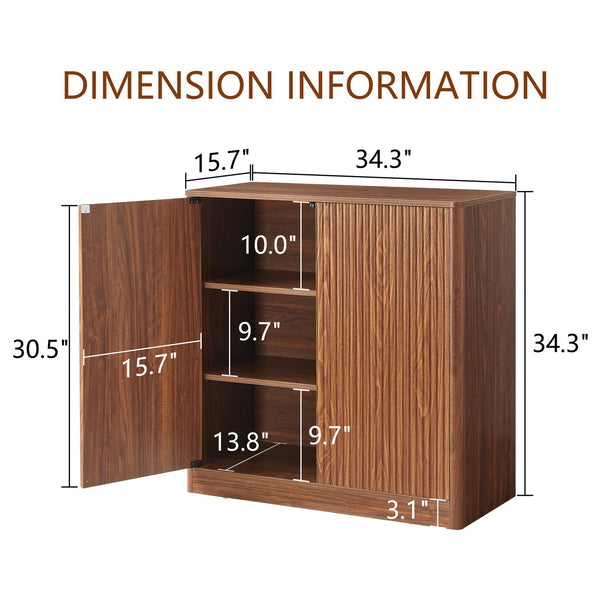 English Elm 34.3" Wavy Door Sideboard Wood Grain Storage Cabinet Push Open Living Room Walnut W1162P393983
