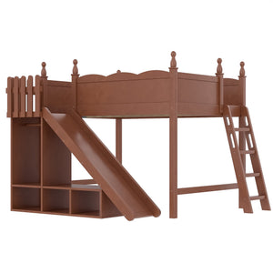 English Elm Twin Loft Bed Solid Pine Frame with Wardrobe Shelving Detachable Slide Kids Room Antique Natural W5305S00025