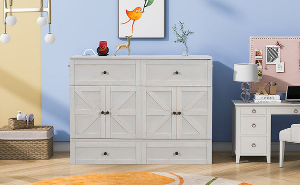 English Elm Full Size Murphy Bed Rattan Cabinet with Storage Drawers and Gold Hardware N708S00005AAK