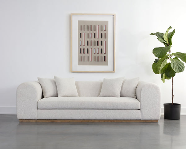 Sunpan Caspian Sofa - Luxe Boucle Copenhagen White Upholstery with Light Oak Base for Ultimate Comfort
