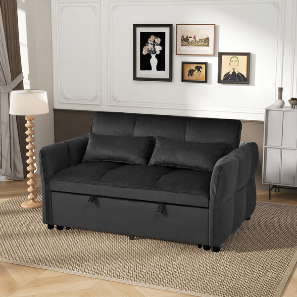 English Elm 3-in-1 Convertible Pull Out Sofa Bed Velvet Upholstered Recliner for Small Spaces Black W2941P370580