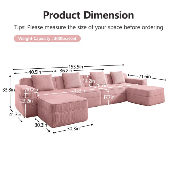 English Elm Modular U-Shape Sectional Sofa - Plush Corduroy Couch With Ottomans & Pillows For Modern Living W3041S00343