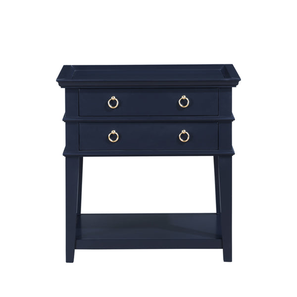 English Elm Carmona Midnight Blue Tray Top Nightstand with Two Drawers, Open Shelf, Brushed Gold Ring Pulls Dark Blue B050P376935