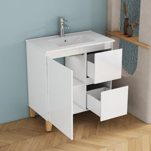 English Elm 31.5-inch Bathroom Vanity Solid Wood Top Ceramic Basin Soft Close Glossy White W3151S00067