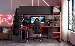 English Elm Full Size Gaming Loft Bed with Led Lighting Desk Shelves and Usb Charging Ports N820S00071J