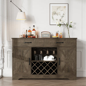 English Elm Coffee Bar Buffet Sideboard with Wine Rack Stemware Holder and Drawers in Oak Gray T3773P417369