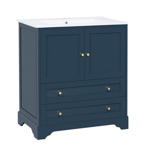 English Elm 30'' Modern Navy Blue Bathroom Vanity With Ceramic Sink, Soft-Close Doors & Gold Handles For Style N710P228365C