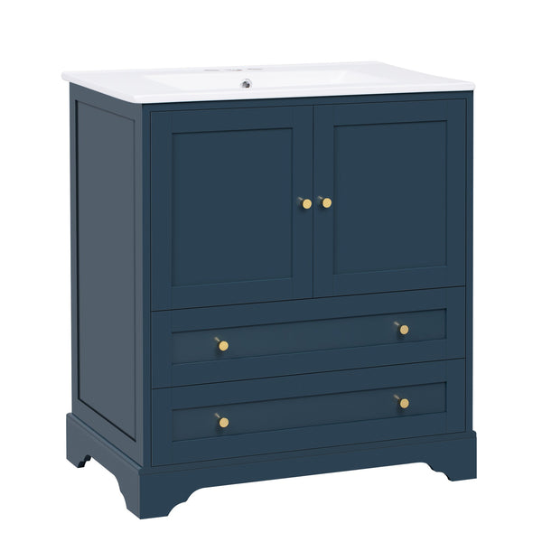 English Elm 30'' Modern Navy Blue Bathroom Vanity With Ceramic Sink, Soft-Close Doors & Gold Handles For Style N710P228365C