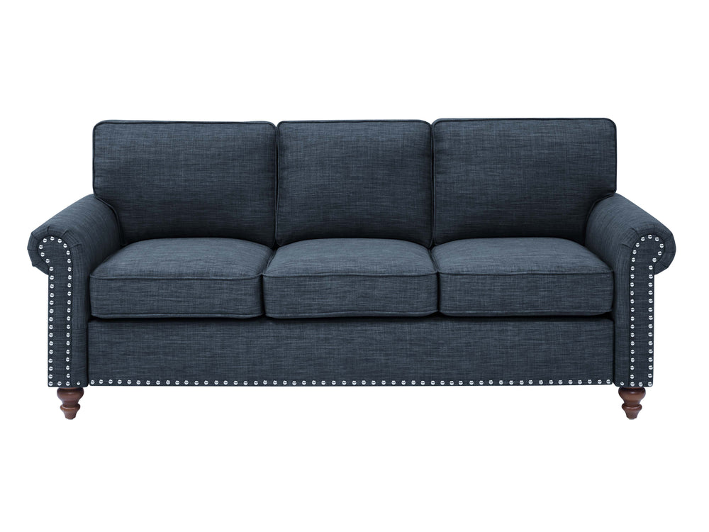 Harbor 78" Linen Blend Sofa In Blue With Solid Wood Legs, Rolled Arms, Nailhead Trim, Plush Cushions