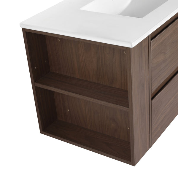 English Elm 36" Wall Mount Bathroom Vanity With High-Quality Ceramic Sink & Soft-Close Drawers For Storage W999S00143