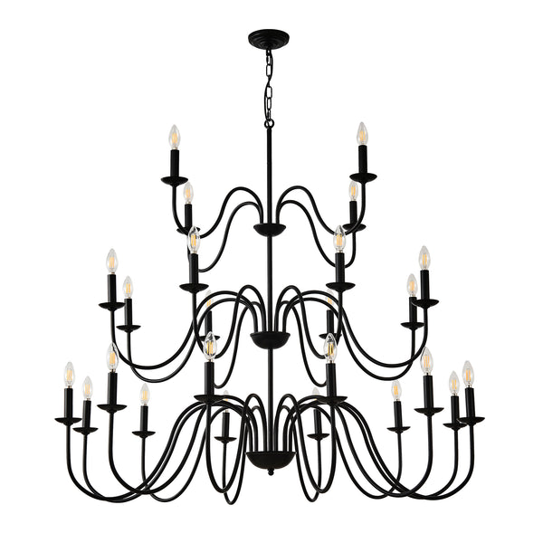 English Elm Farmhouse 24 Light Black Metal Chandelier for High Ceiling Dining and Living Rooms W5008P391535
