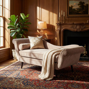 English Elm Chaise Lounge Upholstered Accent Piece Tailored Silhouette for Living Room or Bedroom Light Brown N776P396744B