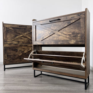 English Elm Shoe Rustic Brown Flip Drawer Cabinet with Metal Legs — Slim 24–32 Pair Organizer, Anti-Tip Entryway W1347P183668