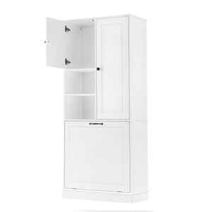 English Elm Tall Storage Cabinet with Flip-Out Basket, Adjustable Shelves & Aluminum Handles for Organized Living White N725P322739K