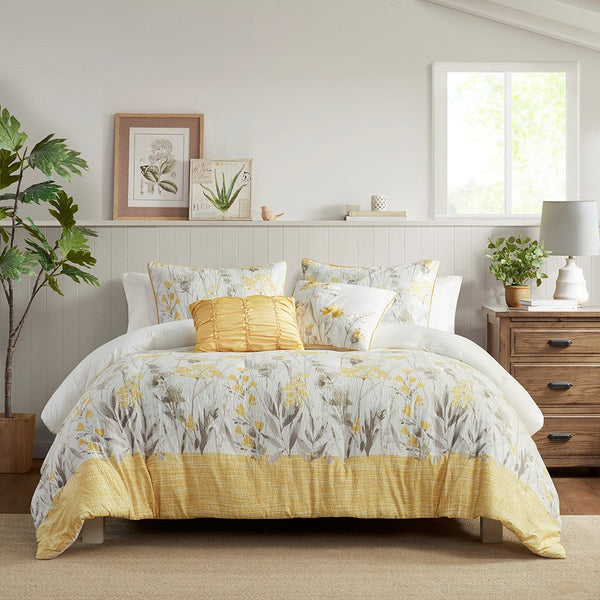 English Elm 5 Piece Seersucker Comforter Set with Throw Pillows Floral Cottage Farmhouse Microfiber Hypoallergenic Yellow 18.9 L x 23.62 W x 7.87 H B035P148356