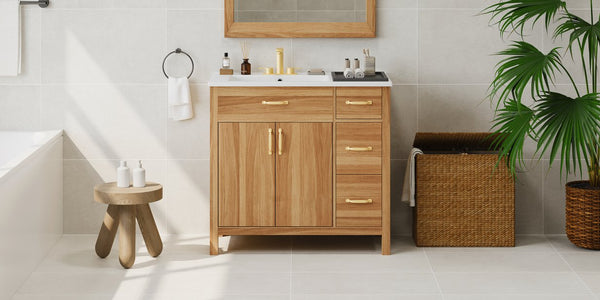 English Elm 36" Wood Bathroom Vanity with Solid Frame, Gold Handles, 3 Soft-Close Drawers & 2 Doors, Spacious Countertop N729P204176N