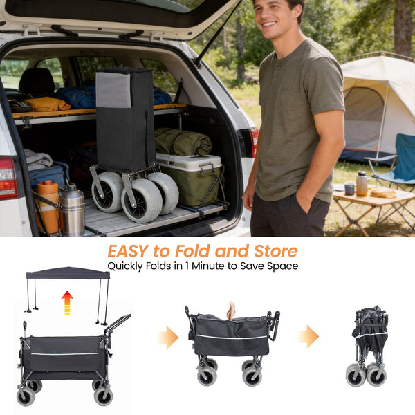 English Elm Multi-functional Folding Wagon with Canopy All Terrain Tires 480lb Steel Frame Outdoor Black+ Gray W2932P417663