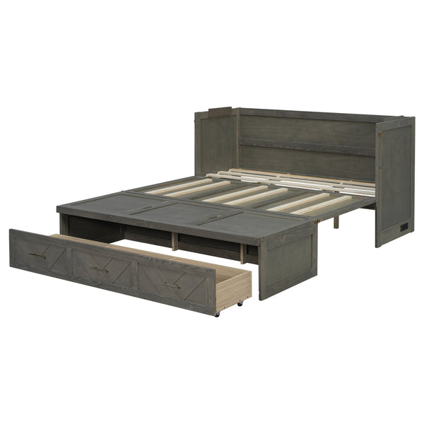 English Elm Queen Murphy Cabinet Bed Pine Wood Geometric Panel Antique Grey with Usb Charging W504S00302