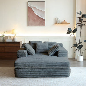 English Elm Chaise Plush Corduroy Lounge Chair Bed with Armrests & Throw Pillows, Oversized 57" Comfort Seat DARK GREY W3191S00007