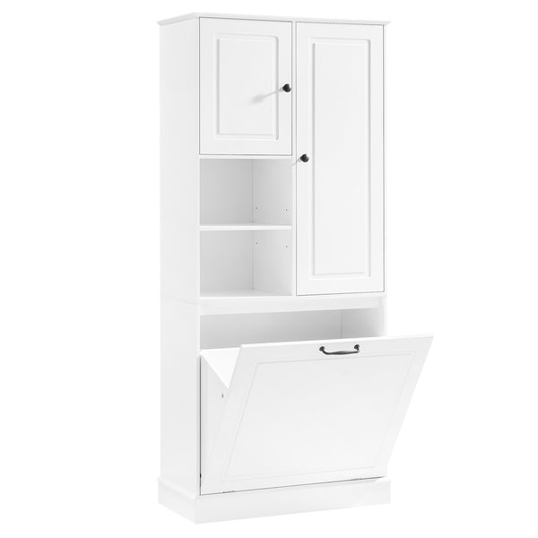 English Elm Tall Storage Cabinet with Flip-Out Basket, Adjustable Shelves & Aluminum Handles for Organized Living White N725P322739K