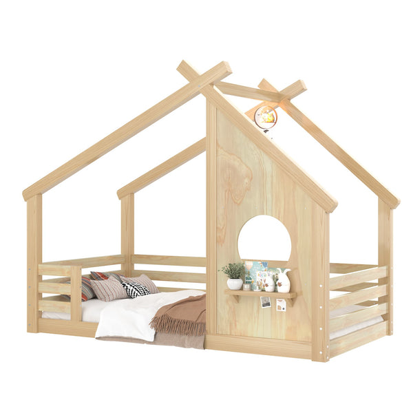 English Elm Twin House Floor Bed with Window & Shelf, Solid Wood Pitched Roof Design for Safe Cozy Sleep Natural W1580P362691