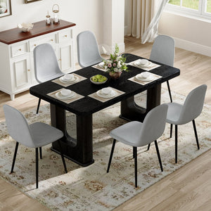 English Elm Table Set - Modern Black Wood Textured Dining Table With 6 Stylish Light Gray Linen-Cotton Chairs W1151S04317-GIGA