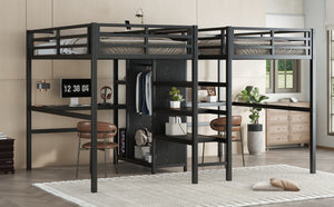 English Elm Twin Metal Loft Bed With Dual Desks, Wardrobe, Shelves & Power Outlet For Ultimate Space-Saving Design W1580S00114-GIGA