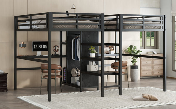 English Elm Twin Metal Loft Bed With Dual Desks, Wardrobe, Shelves & Power Outlet For Ultimate Space-Saving Design W1580S00114-GIGA