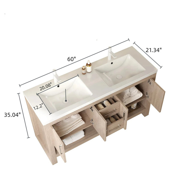 English Elm LUCCI 60" Bathroom Vanity with Acrylic Integrated Basin, Herringbone Plywood, Soft-Close Drawers W2615S00072