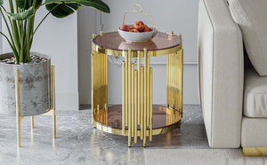 English Elm 19.69inch Gold Round Coffee Table with Crown Frame, 8mm Tempered Glass, Stainless Steel Base, Chic Storage Dark Brown W1550P171522