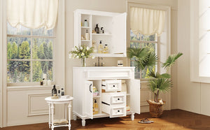 English Elm 36'' Bathroom Vanity with Sink and Mirror Cabinet, Modern MDF & Solid Wood Design, Ceramic Top, Soft-Close Doors White SW000115AAK-1